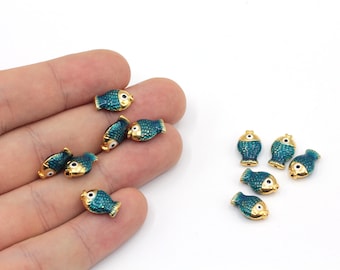 8x12mm 24k Shiny Gold Plated Blue Enamel Fish Beads, Fish Bracelet Beads, Fish Spacer Beads, Bracelet Charm, Gold Plated Findings, GD1157