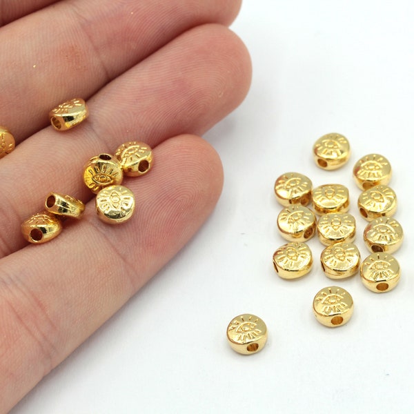 6mm 24k Shiny Gold Plated Round Evil Eye Beads, Evil Eye Spacer Beads, Gold Evil Eye Charm, Evil Eye Bracelet, Gold Plated Findings, GD874