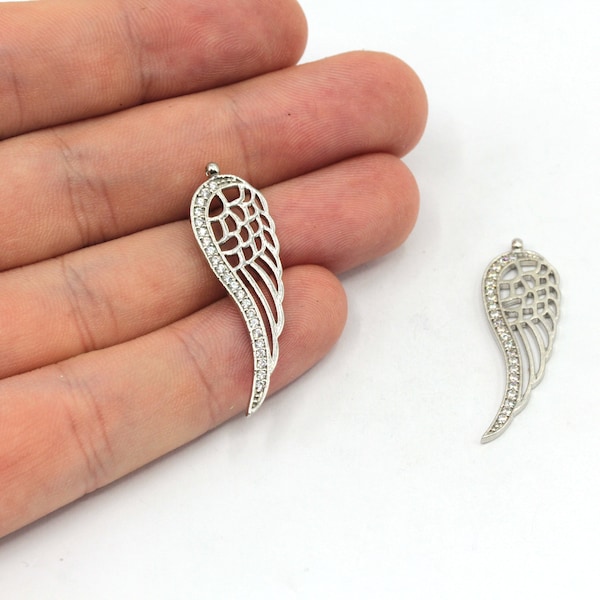 11x35mm Rhodium Angel Wing Charm, CZ Micro Pave Angel Wing Charm, Zirconia Charm, Wing Earring Charms, Rhodium Plated Findings, ZC001