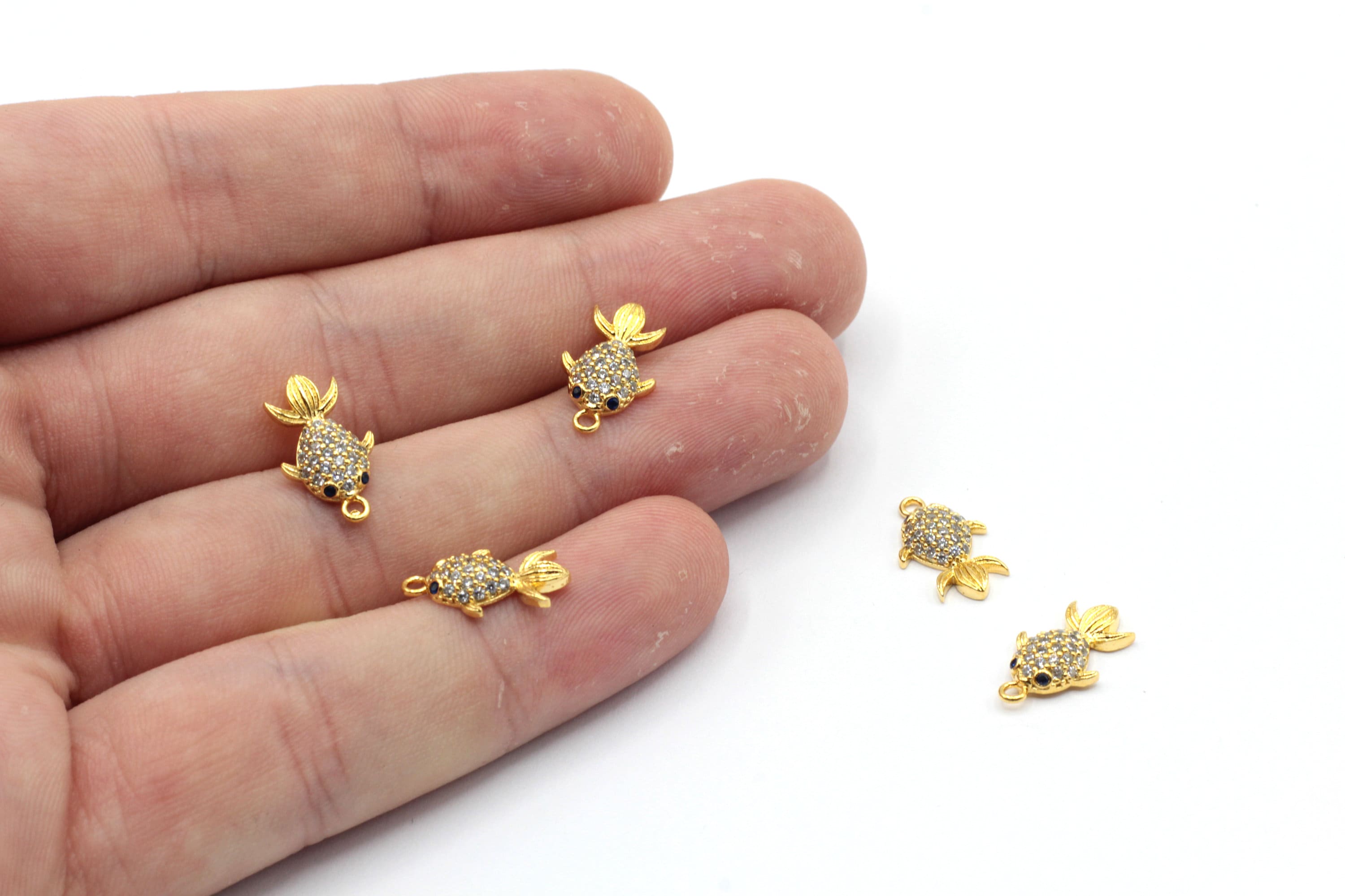 9x15mm 24k Shiny Gold Plated CZ Micro Pave Mini Fish Charm, Sea Animal Charm, Bracelet Charms, Zirconia Charm, Gold Plated Findings, GLD783
