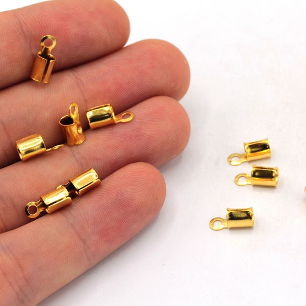 10 Pcs 4x8mm 24k Shiny Crimp End Caps, Crimp Ends, Gold Cord End Caps, Fold Over End Caps, End Tips, Gold Plated Findings, MJ0523