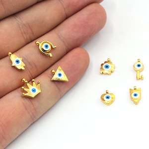 24k Shiny Gold Plated Mini Bracelet Charm, Evil Eye Enamel Charms, Good Luck, Heart, Owl, Key, Crown Charms, Gold Plated Findings, GD005