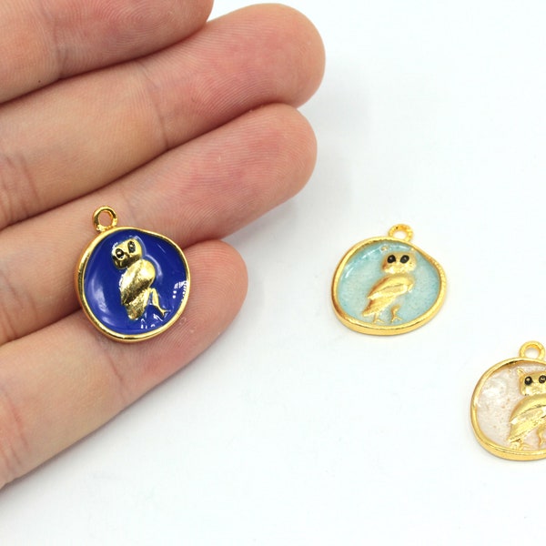 16x19mm 24k Shiny Gold Enamel Owl Charm, Owl Medallion Charm, Gold Owl Charm, Animal Charm, Flying Charms, Gold Plated Findings, GD333