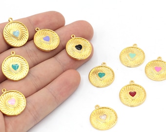 17x20mm 24k Shiny Gold Plated Enamel Heart Charm, Coin Heart Charm, Gold Love Charm, Medallion Charm, Necklace Charms, Gold Plated Findings