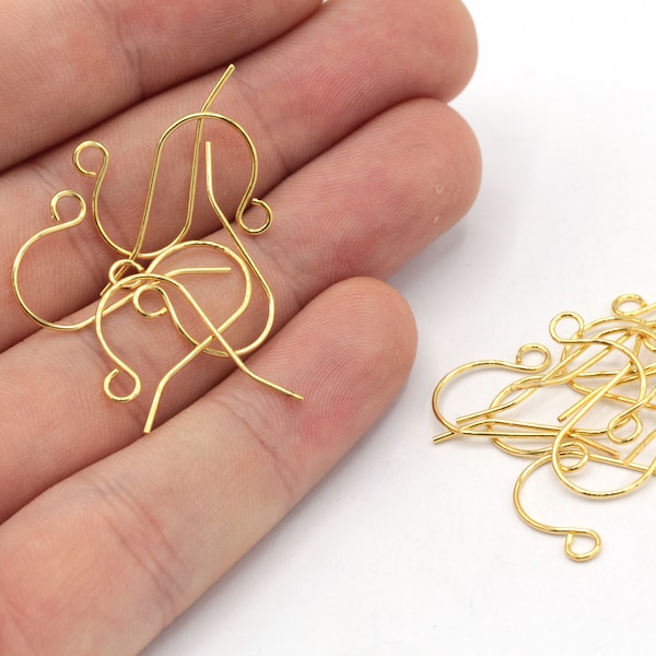 10 Pcs 15x22mm 24k Shiny Gold Ear Wire, Gold French Hook, Earring Wires, Fish Hook Ear Wires, Earring Hooks, Gold Plated Findings, EG001