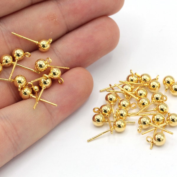 10 Pcs 5mm 24k Shiny Gold Plated Ball Ear Post, Stainless Steel Earrings, Ball Stud Earrings Gold Earring, Gold Plated Findings, MJ068