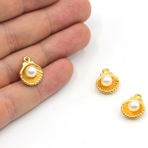 12x16mm 24k Shiny Gold Plated Sea Shell with Pearl Charm, Gold Oyster Pendant, Beach Pendant, Sea Life Charms, Gold Plated Findings, GD099