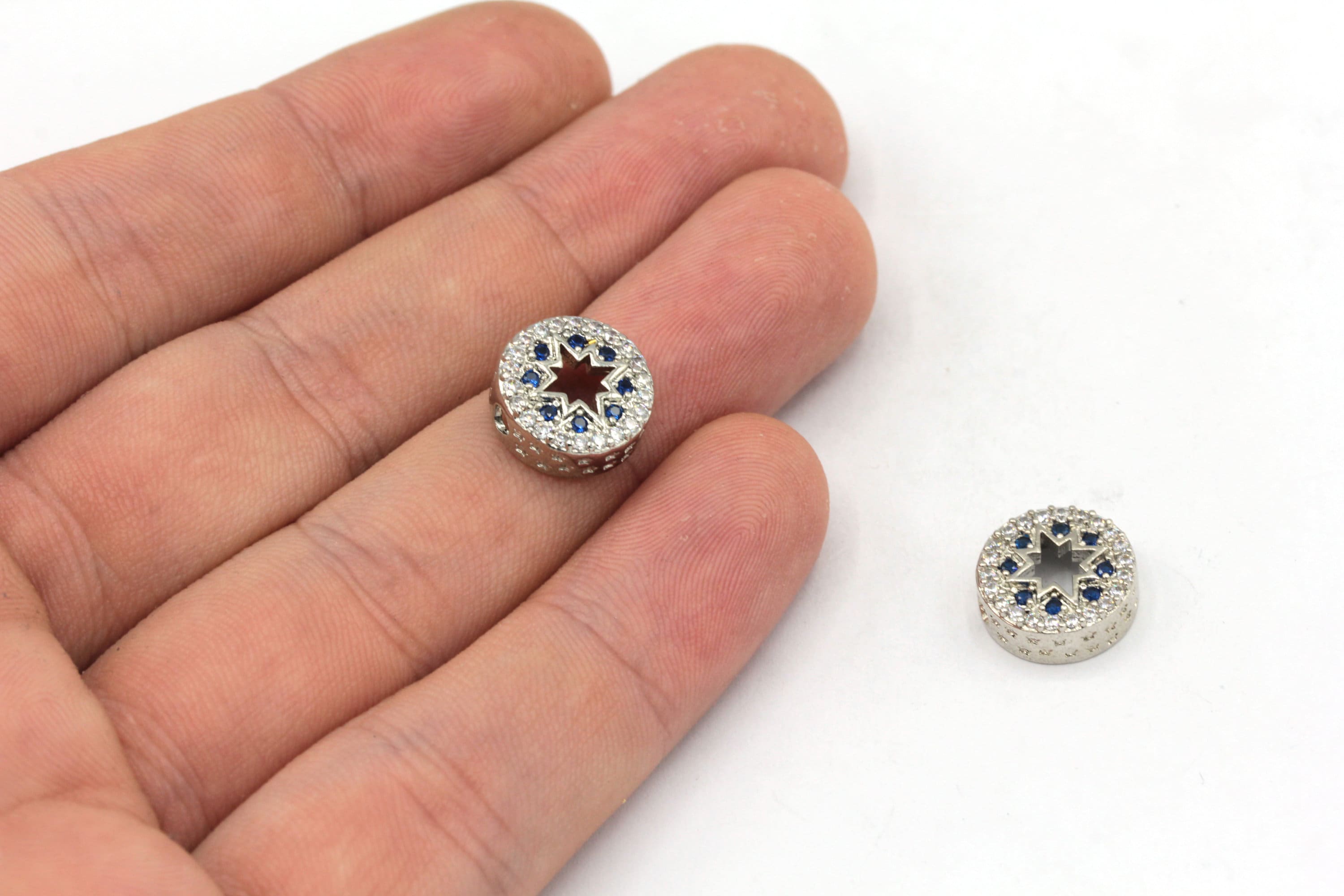 10mm Rhodium North Star Bracelet Beads, CZ Micro Pave North Star Charm, Pave Round Beads, Zirconia Charm, Rhodium Plated Findings, ZC265