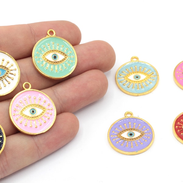 22x25mm 24k Shiny Gold Evil Eye Charm, Enamel Evil Eye Charm, Medallion Evil Eye Pendant, Dainty Evil Eye Charm, Gold Plated Findings, G1133