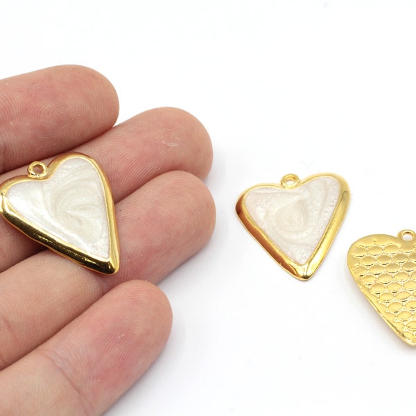 21x25mm 24k Shiny Gold Plated Pearl White Enamel Heart Necklace Charm, Love Charm, Enamel Heart Charm, Heart Pendant, Gold Plated Findings