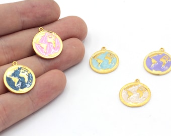 17x19mm 24k Shiny Gold Plated Enamel World Charm, World Traveller Charm, Eart Globe Charm, Medallion Charm, Gold Plated Findings, GD1149