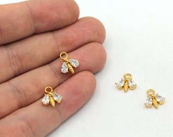 10mm 24k Shiny Gold Bee Bracelet Charm, CZ Micro Pave Bee Charm, Zirconia Charm, Bee Earring Charms, Gold Plated Findings, ZC466