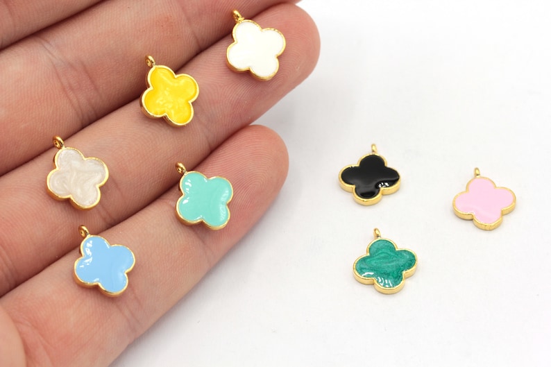 10x14mm 24k Shiny Gold Plated Mini Clover Charm, Enamel Clover Charm, Four Leaf Charm, Bracelet Charm, Gold Plated Findings, GD796 image 1