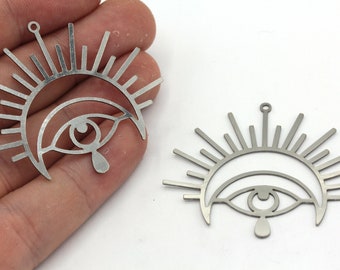 41x49mm Stainless Steel Evil Eye Charm, Steel Sun Moon Evil Eye Teardrop Pendant, Earring Pendants, Earring Findings, Steel Findings, BM477