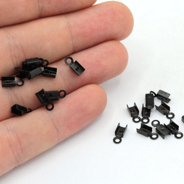 10 Pcs 3x8mm Black Plated Crimp End Caps, Crimp Ends, Black Cord End Caps, Fold Over End Caps, End Tips, Black Plated Findings, MJ026