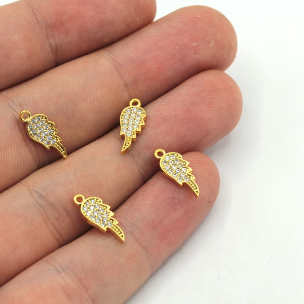 5x14mm 24k Shiny Gold Mini Angel Wing Charm, CZ Micro Pave Angel Wing Charm, Zirconia Charm, Mini Wing Charm, Gold Plated Findings, ZC480