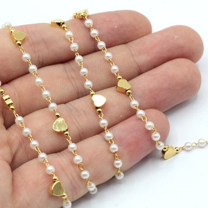 24k Shiny Gold Plated Pearl with Heart Chain, Gold Heart Chain, Soldered Chain, Love Heart Chain, Anklet Chain, Gold Plated Chain, BHR001