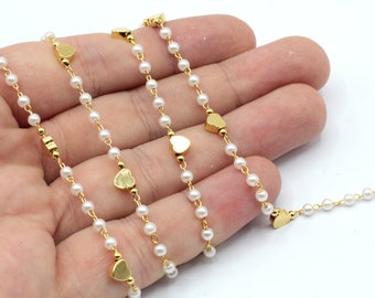 24k Shiny Gold Plated Pearl with Heart Chain, Gold Heart Chain, Soldered Chain, Love Heart Chain, Anklet Chain, Gold Plated Chain, BHR001