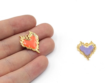 19x23mm 24k Shiny Gold Fire Heart Charm, Gold Heart Charm, Enamel Charm, Flaming Heart Charm, Flame Heart Pendant, Gold Plated Findings