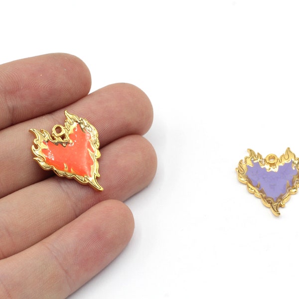 19x23mm 24k Shiny Gold Fire Heart Charm, Gold Heart Charm, Enamel Charm, Flaming Heart Charm, Flame Heart Pendant, Gold Plated Findings