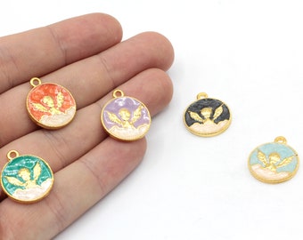 17x20mm 24k Shiny Gold Plated Enamel Baby Angel Charm, Gold Angel Pendant, Enamel Angel Charm, Baby Angel Charm, Gold Plated Findings