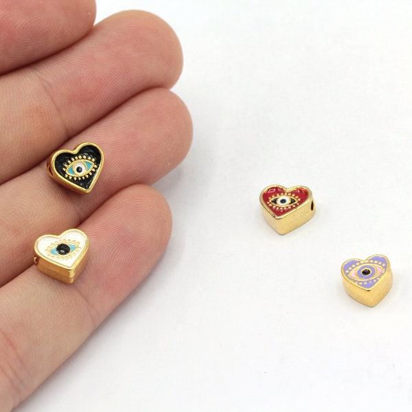 8x9mm 24k Shiny Gold Plated Enamel Heart Bracelet Beads, Heart with Evil Eye Beads, Heart Bracelet Charm, Gold Plated Findings, GD894