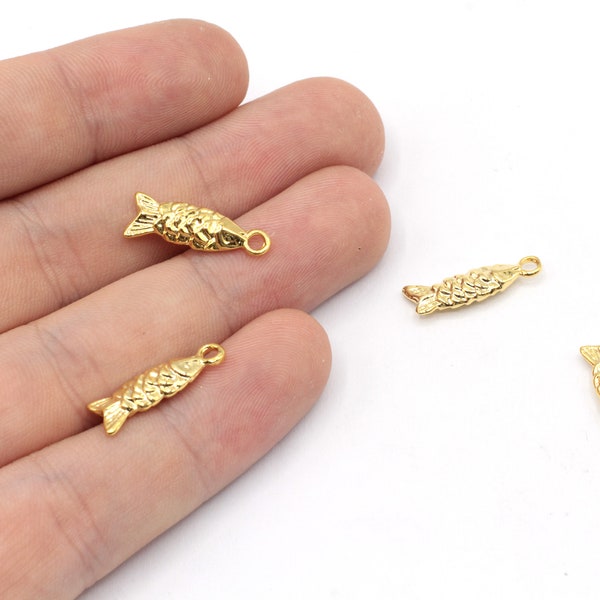 6x18mm 24k oro brillante plateado mini encanto de pescado, encanto de pulsera de pescado, encanto de animal marino, encanto pequeño de oro, cuentas de pescado de oro, hallazgos chapados en oro