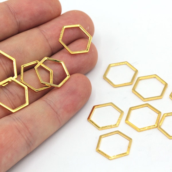 14x16mm 24k Shiny Gold Hexagon Charm, Hexagon Ring, Blank Hexagon Connector, Earring Pendant, Earring Findings, Gold Plated Findings, RWG412