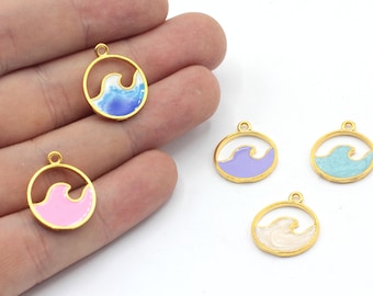 16x19mm 24k Shiny Gold Plated Enamel Sea Wave Charm, Marine Charm, Ocean Charm, Enamel Charm, Medallion Charm, Gold Plated Findings, GD1121