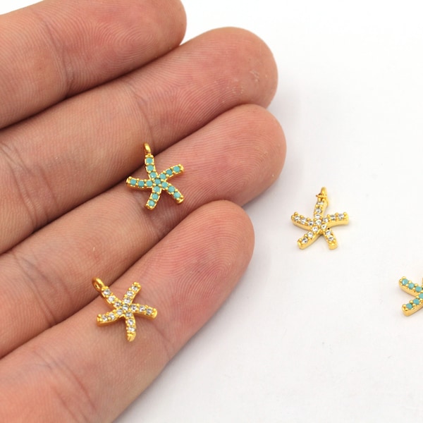 10x12mm 24k Shiny Gold Starfish Bracelet Charm, CZ Micro Pave Starfish Charm, Sea Animal Charms, Zirconia Charm, Gold Plated Findings, ZC281