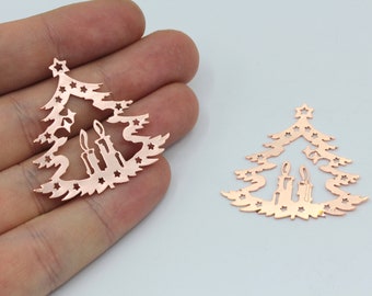 37x38mm Rose Christmas Tree Charm, Pine Tree Pendant, Tree with Candles Charm, Laser Charm, Earring Findings, Rose Plated Findings, MJ339