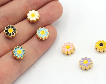 9mm 24k Shiny Gold Plated Enamel Daisy Beads, Daisy Bracelet Beads, Daisy Spacer Beads, Bracelet Charm, Gold Plated Findings, GD1059