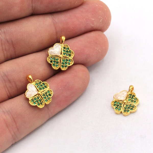 9x20mm 24k Shiny Gold Tiny Clover Charm, CZ Micro Pave Clover Charm, Zirconia Charms, Zirconia Clover Beads, Gold Plated Findings, ZC504