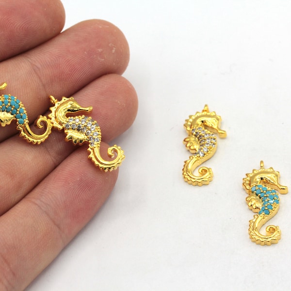 10x23mm 24k Shiny Gold Sea Horse Charm, CZ Micro Pave Sea Horse Charm, Zirconia Charms, Sea Horse Earrings, Gold Plated Findings, ZC394