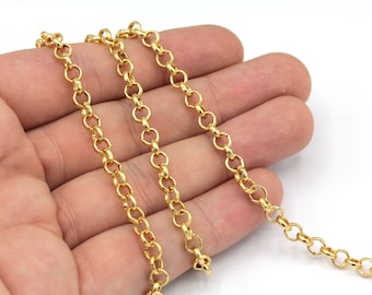 5mm 24k Shiny Gold Plated Rolo Chain, Gold Round Link Chain, Gold Rolo Link Chain, Open Link Chain, Bulk Chain, Gold Plated Chain, TM036