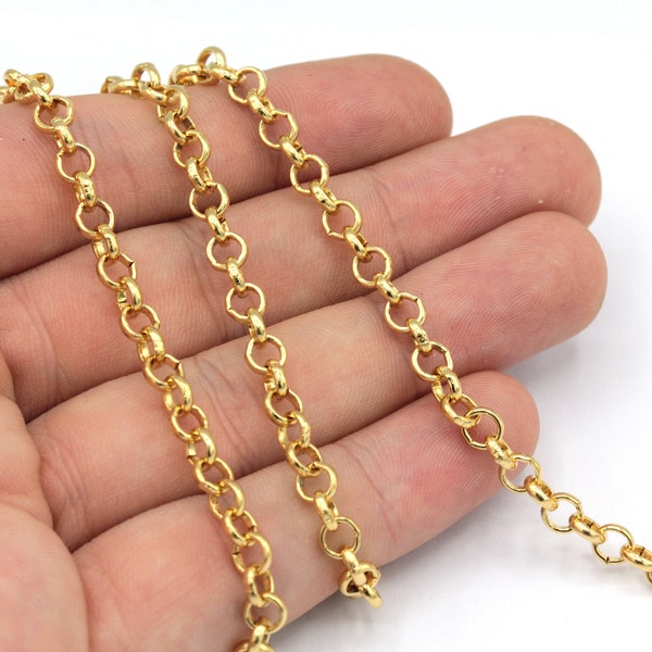 5mm 24k Shiny Gold Plated Rolo Chain, Gold Round Link Chain, Gold Rolo Link Chain, Open Link Chain, Bulk Chain, Gold Plated Chain, TM036