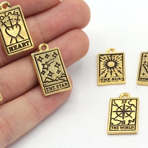 14x24mm 24k Shiny Gold Plated Tarot Card Charm, Tarot Card Pendant, Tarot Necklace, Tarot Deck Charm, Sun, Moon, Heart, World, Star, GD1003