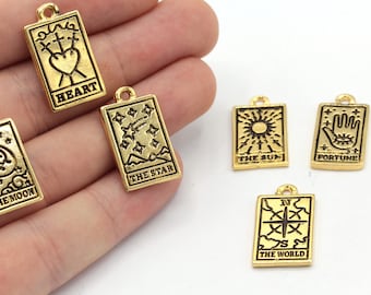 14x24mm 24k Glanzend Vergulde Tarot Kaart Charme, Tarot Kaart Hanger, Tarot Ketting, Tarot Deck Charme, Zon, Maan, Hart, Wereld, Ster, GD1003