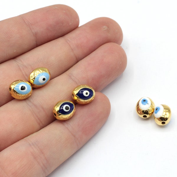 8x10mm 24k Shiny Gold Plated Evil Eye Enamel Beads, Evil Eye Bracelet Beads, Bracelet Connector, Bracelet Charm, Gold Plated Findings, G1095