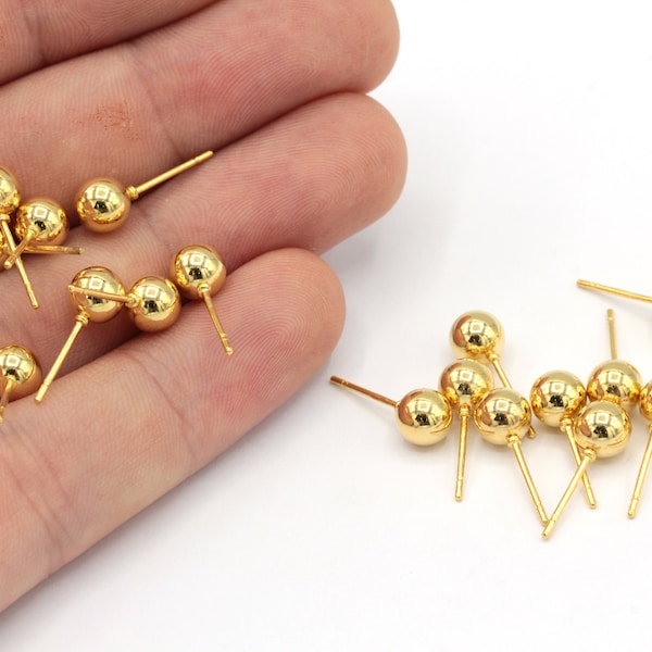 2 Pcs 6mm 24k Shiny Gold Plated Ball Stud, Stainless Steel Earrings, Ball Stud Earrings, Gold Earring Stud, Gold Plated Findings, JM 457