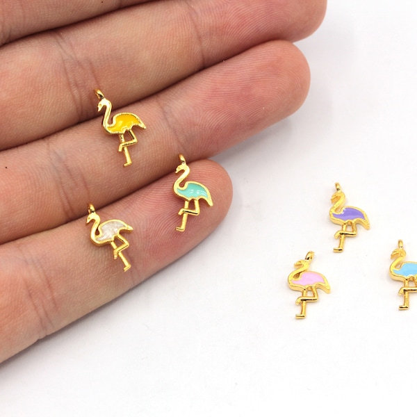8x14mm 24k Shiny Gold Plated Mini Flamingo Charm, Enamel Flamingo Charm, Bracelet Charm, Tiny Flamingo Pendant, Gold Plated Findings, GD797