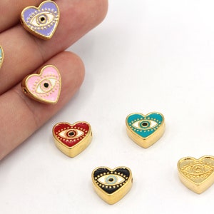 11mm 24k Shiny Gold Enamel Heart Beads, Heart with Evil Eye Bracelet Beads, Bracelet Connector, Bracelet Charm, Gold Plated Findings, GD1072