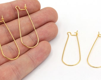 14x32mm 24k Shiny Gold Plated Drop Earrings, Drop Hoops, Drop Ear Wire, Gold Ear Wire, Hoop Earrrings, Gold Plated Findings, EG074