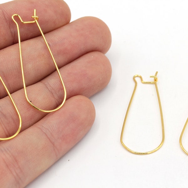 14x32mm 24k Shiny Gold Plated Drop Earrings, Drop Hoops, Drop Ear Wire, Gold Ear Wire, Hoop Earrrings, Gold Plated Findings, EG074
