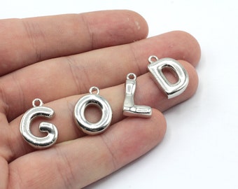 Rhodium Plated Balloon Letter Charm, Letter Charm, Rhodium Letter Pendant, Initial Charm, Letter Necklace, Rhodium Plated Findings, EB001