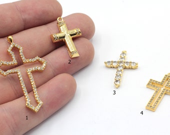24k Shiny Gold Plated CZ Micro Pave Cross Pendant, Dainty Cross Necklace Charm, Pave Cross Charm, Religious Charm, Gold Plated Findings