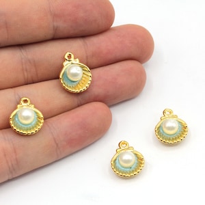 12x16mm 24k Shiny Gold Plated Sea Shell with Pearl Charm, Gold Oyster Pendant, Enamel Sea Shell Charm, Gold Plated Findings, GD099