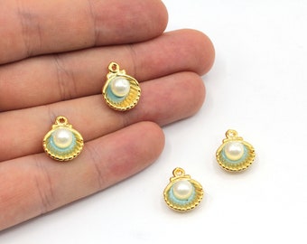12x16mm 24k Shiny Gold Plated Sea Shell with Pearl Charm, Gold Oyster Pendant, Enamel Sea Shell Charm, Gold Plated Findings, GD099