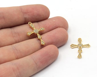 17x25mm 24k Shiny Gold Plated CZ Micro Pave Cross Necklace Charm, Pave Cross Pendant, Religious Charm, Gold Plated Findings, CZ138