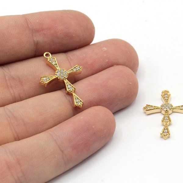 17x25mm 24k Shiny Gold Plated CZ Micro Pave Cross Necklace Charm, Pave Cross Pendant, Religious Charm, Gold Plated Findings, CZ138